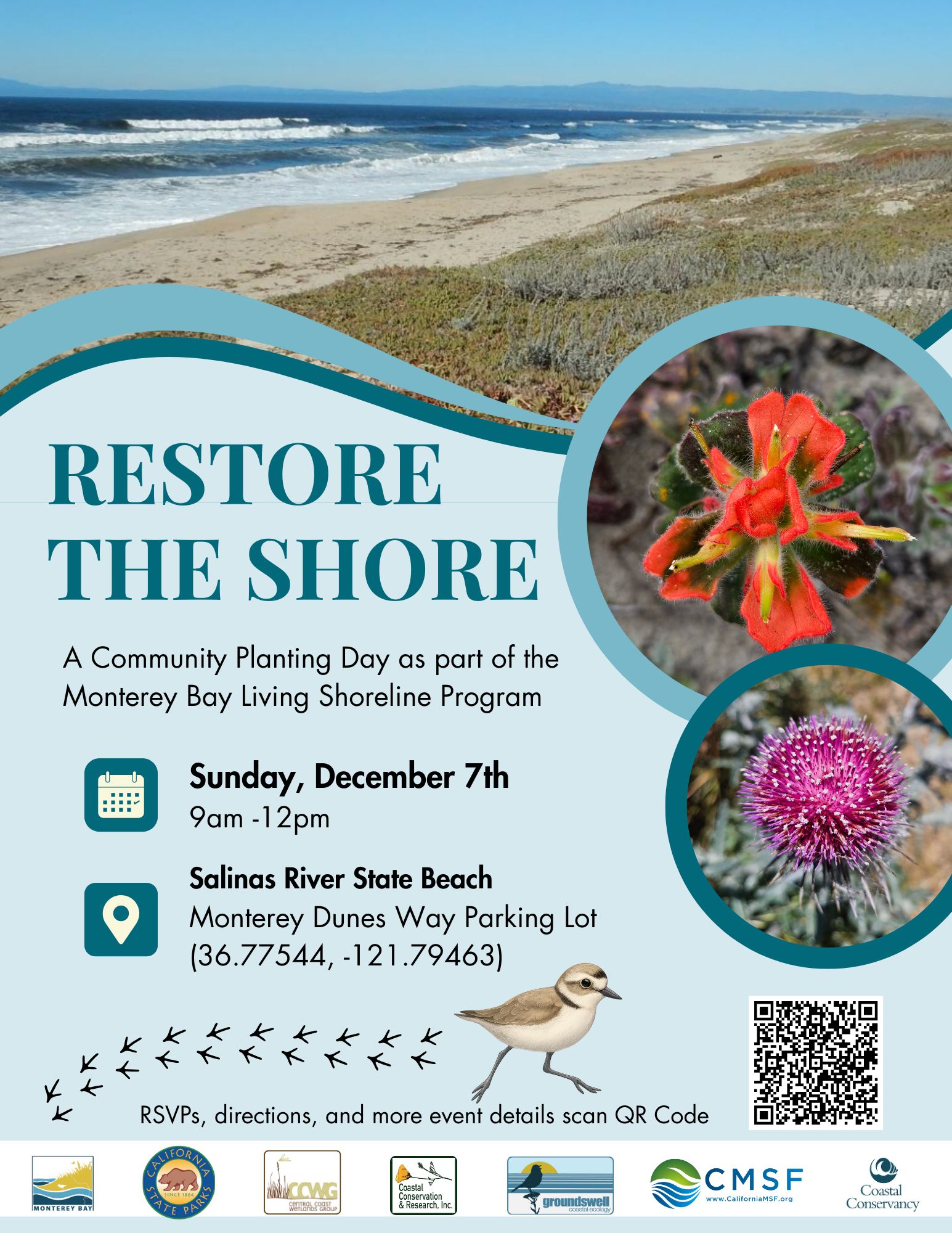 Come and join a community planting day at Monterey Dunes. Scan QR code for RSVP, directions and more event details.